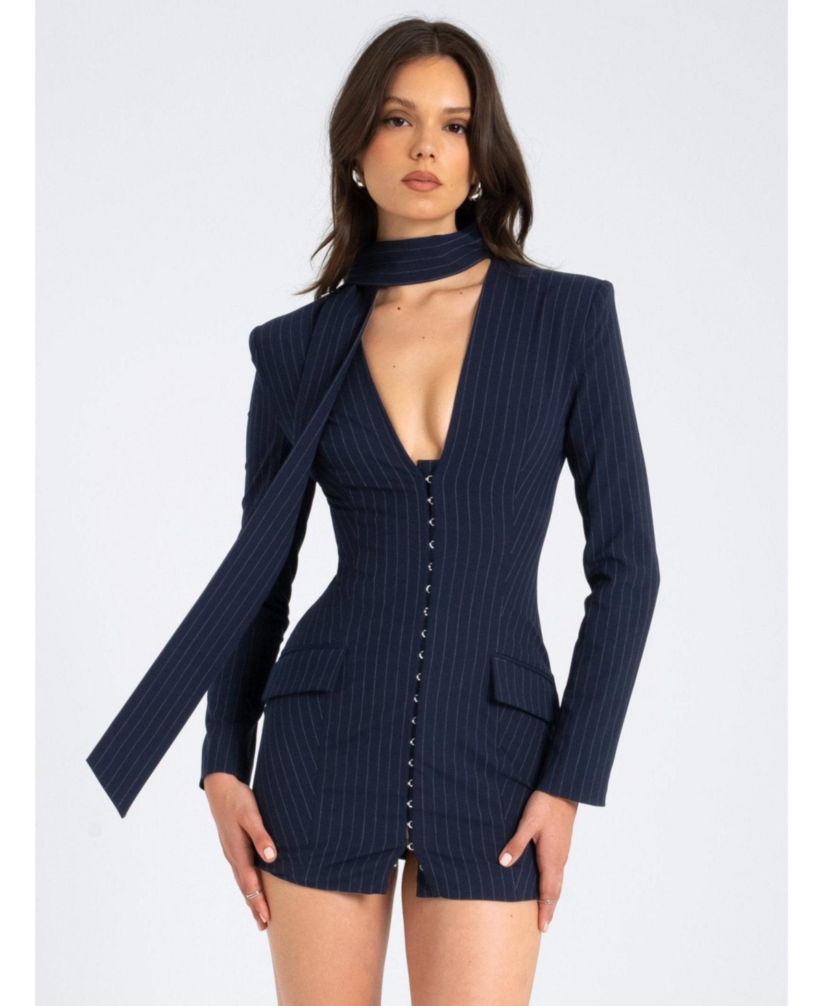 Women's Tahlia Deep V Pinstripes Navy Blue Blazer Dress with scarf collar - Navy