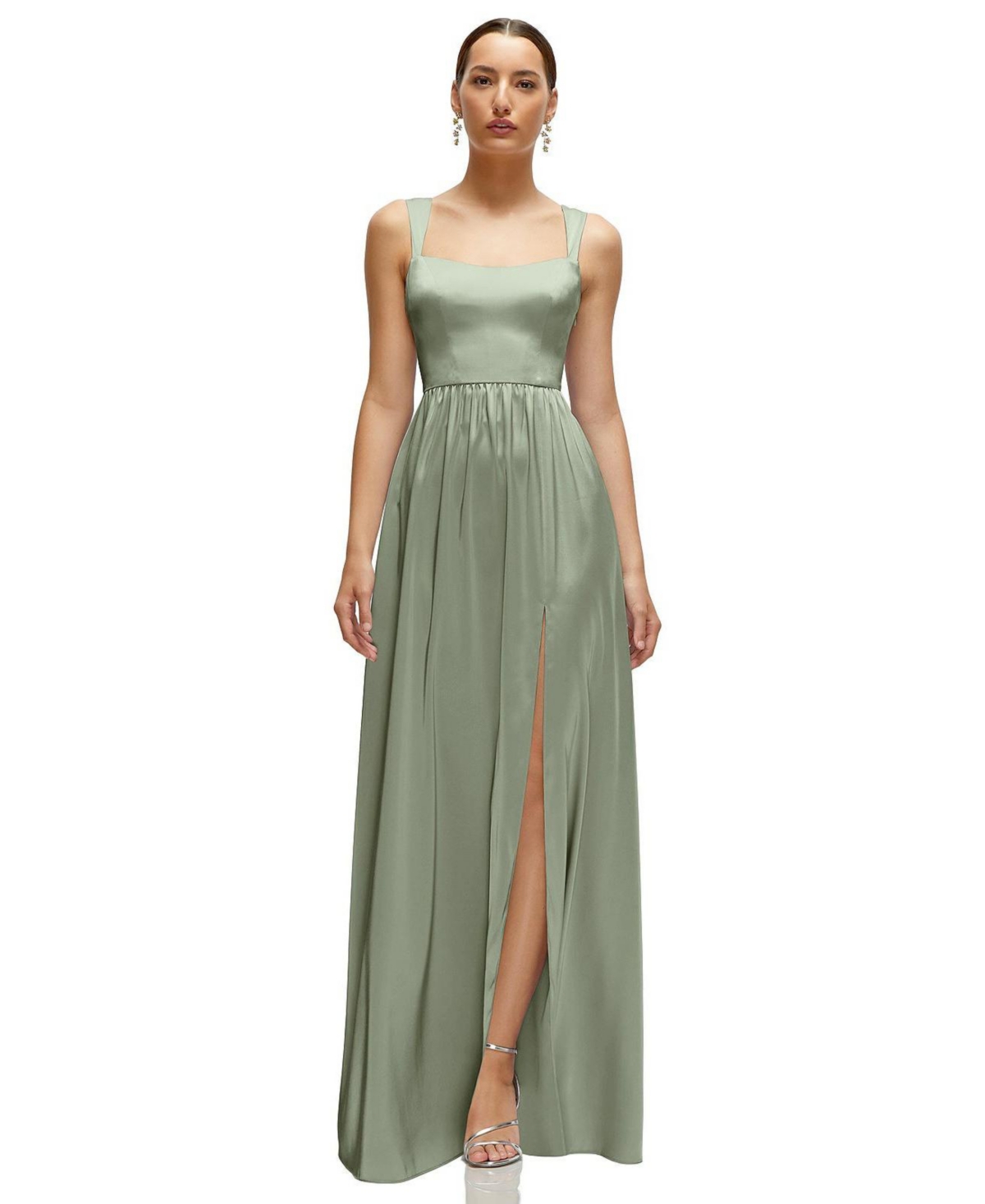 Women's Shaped Strap Portrait Neckline Fluid Satin Maxi Dress with Full Skirt - Ballet pink