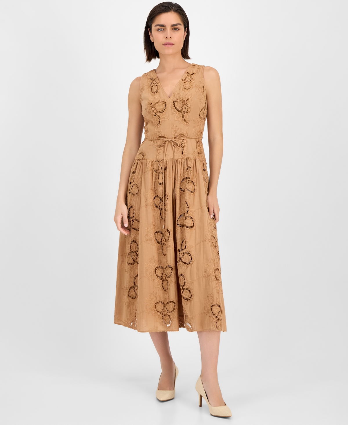 Women's Embroidered String-Belt Midi Dress - Ginger Root