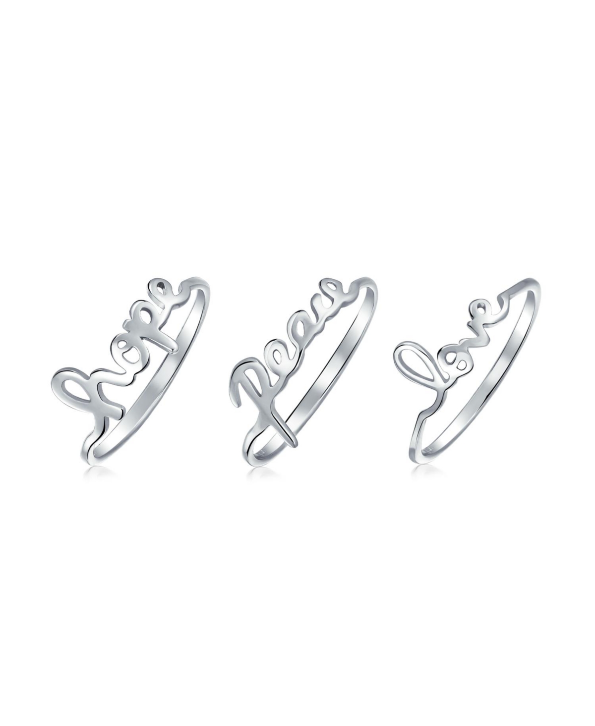 Set of 3 Inspirational Words Peace Love Hope Ring Set Sterling Silver - Silver