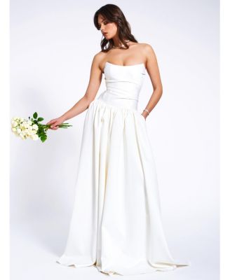 Women's Umay White Drop Waist Satin Corset Bridal Gown