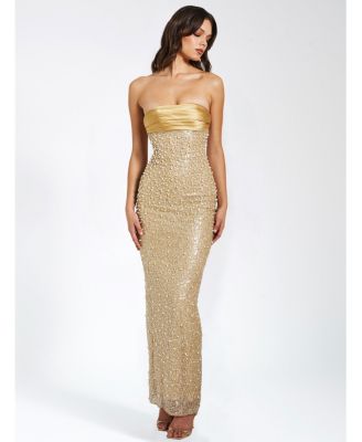 Women's Lainey Gold Satin Sequin Pearls Beaded Maxi Dress