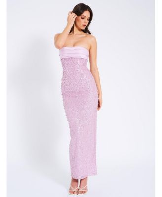 Women's Lainey Purple Satin Sequin Pearls Beaded Maxi Dress