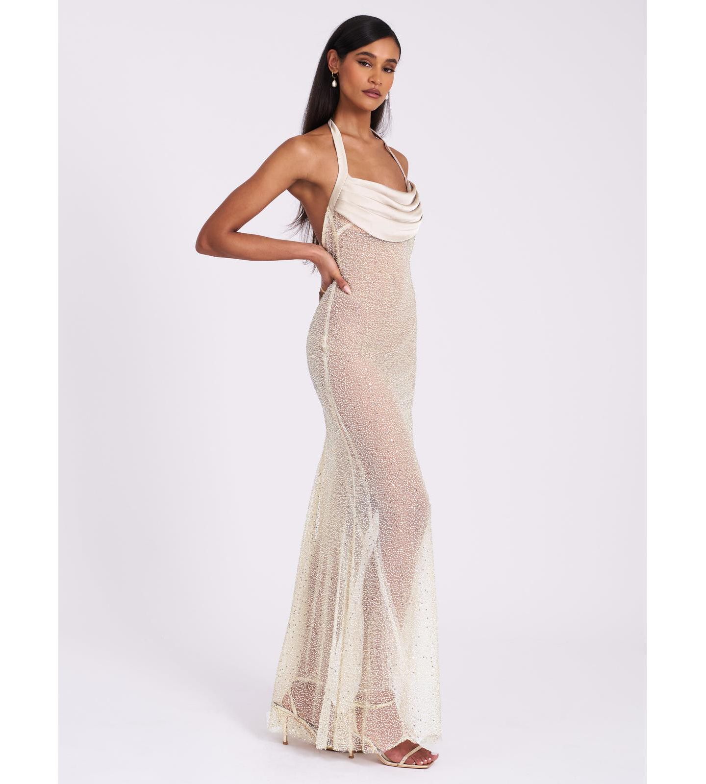 Женское платье Miss Circle Zahya Lime Halter Backless Beaded Mesh Gown, цвет: Лаймовый / Пастельный зелёный — фото 7
