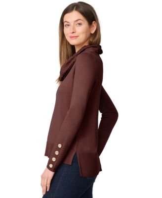 Women's Petite Chevron-Trimmed Cowl-Neck Sweater