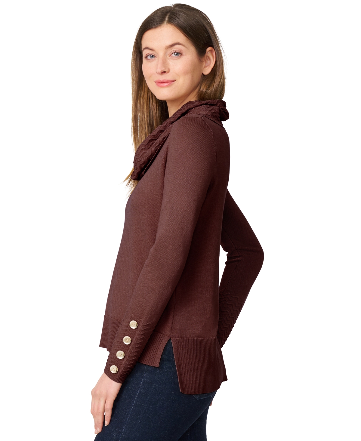 Melissa Paige Women's Petite Chevron-trimmed Cowl-neck Sweater In Brown