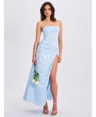 Women's Xatia Baby Blue Jacquard Textured High Slit Maxi Dress
