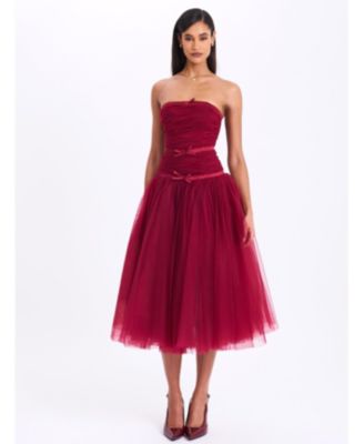 Women's Mabel Burgundy Drop Waist Layered Mesh Midi Puffy Dress with Bow