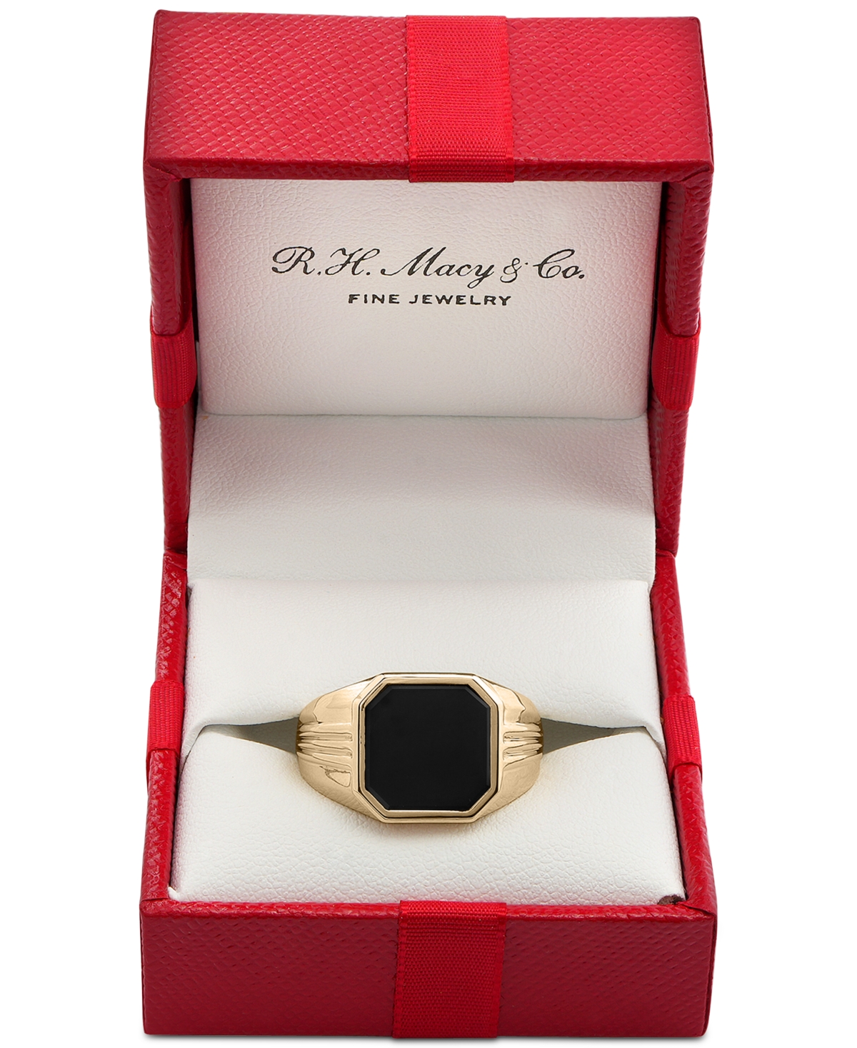 Macy's Men's 14k Gold-plated Sterling Silver Onyx Octagon Polished Ridged Ring In Yellow