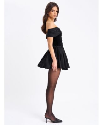 Women's Echo Black Velvet Off-shoulder Pleated Mini Dress