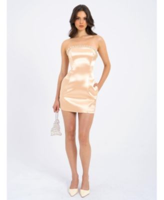 Women's Paisley Pearl Trim Gold Sleeveless Mini Dress