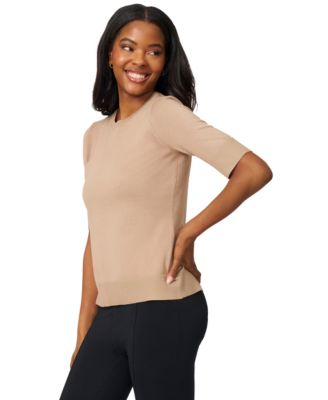 Petite Crew-Neck Elbow-Sleeve Fine-Gauge Sweater