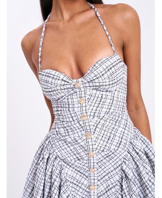 Women's Melody Black and White Plaid Tweed Halter Drop Waist Mini Dress
