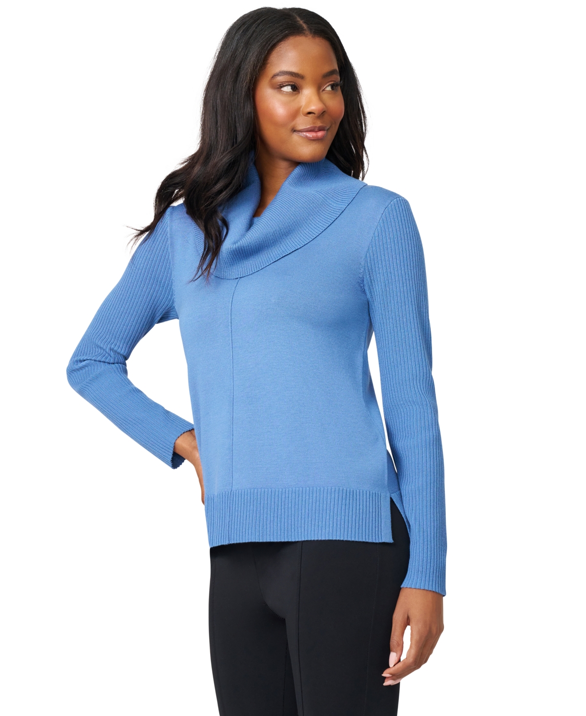 Melissa Paige Petite Cowlneck High-low Side-slit Sweater In Blue