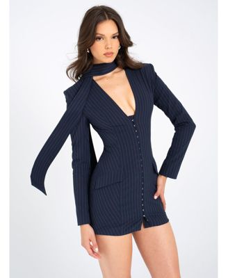 Women's Tahlia Deep V Pinstripes Navy Blue Blazer Dress with scarf collar