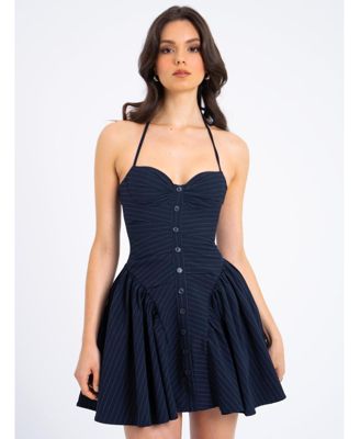 Women's Melody Navy Blue Pinstripe Halter Drop Waist Mini Dress