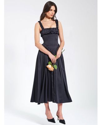 Women's Noreen Black Satin Drop Waist Maxi Sundress