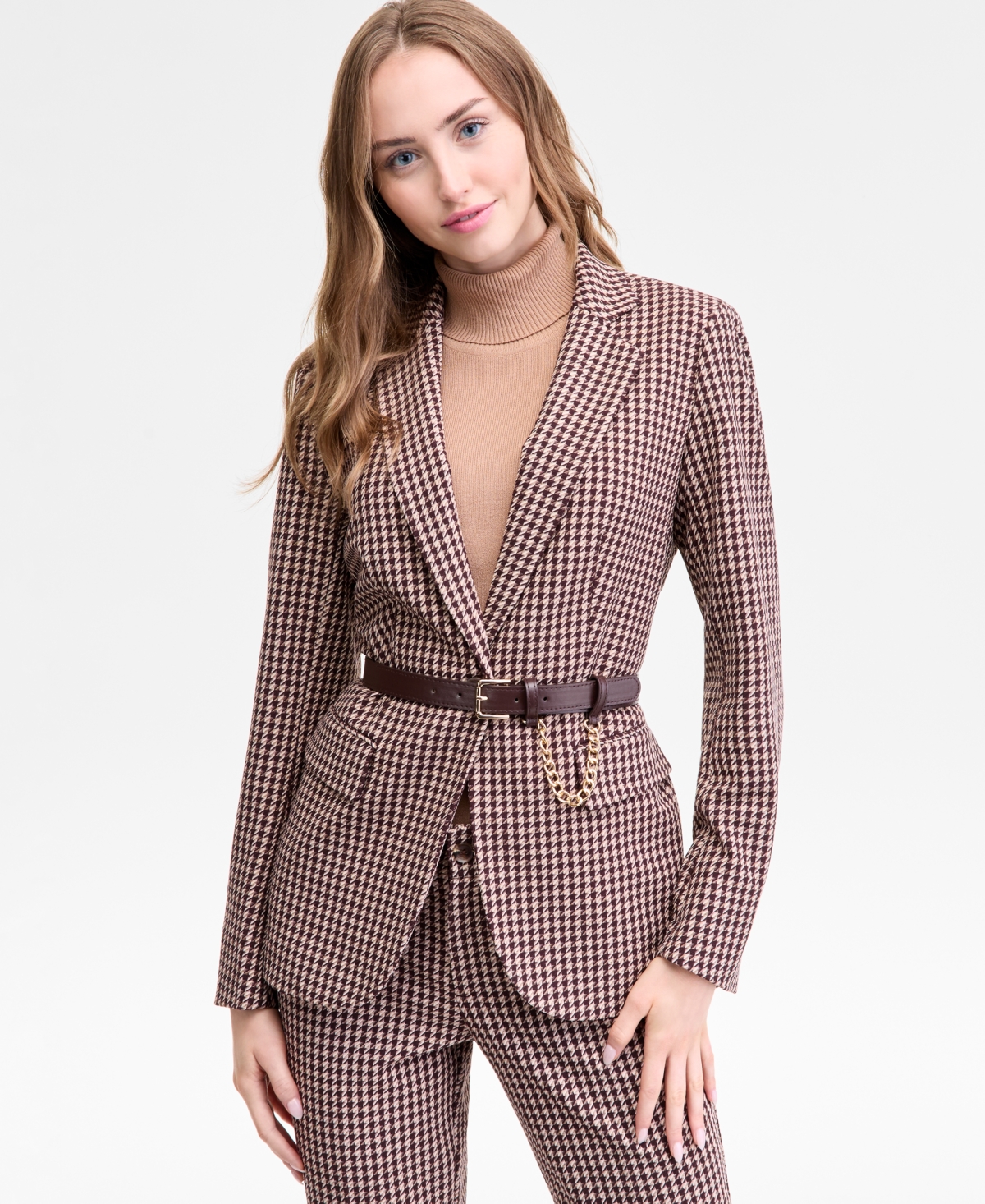 Women's Belted Houndstooth-Print Blazer - Chianti/light Coffee