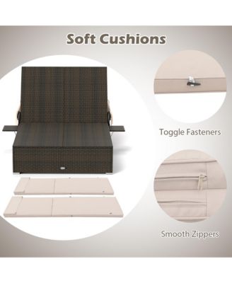 2-person Rattan Lounge Bed w/ Retractable Canopy 5-position Adjustable Backrest