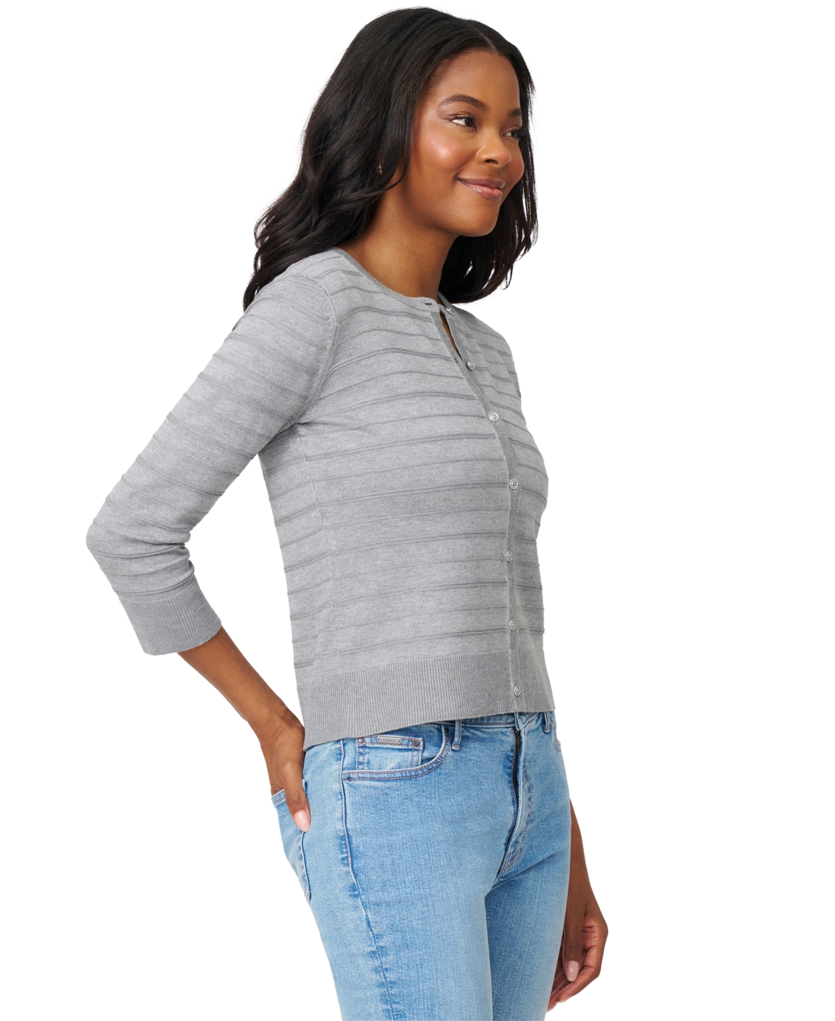 Melissa Paige Women's Ottoman-rib 3/4-sleeve Crewneck Cardigan In Gray
