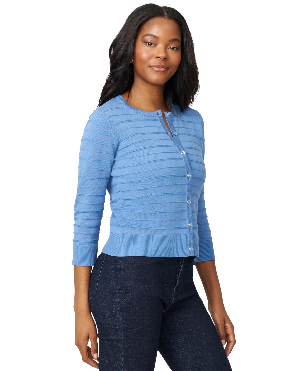 Melissa Paige Women's Ottoman-rib 3/4-sleeve Crewneck Cardigan In Blue