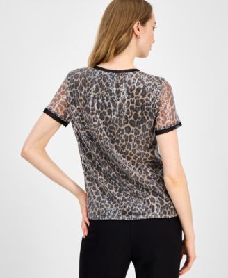 Petite Sequin Printed Short-Sleeve Mesh Top