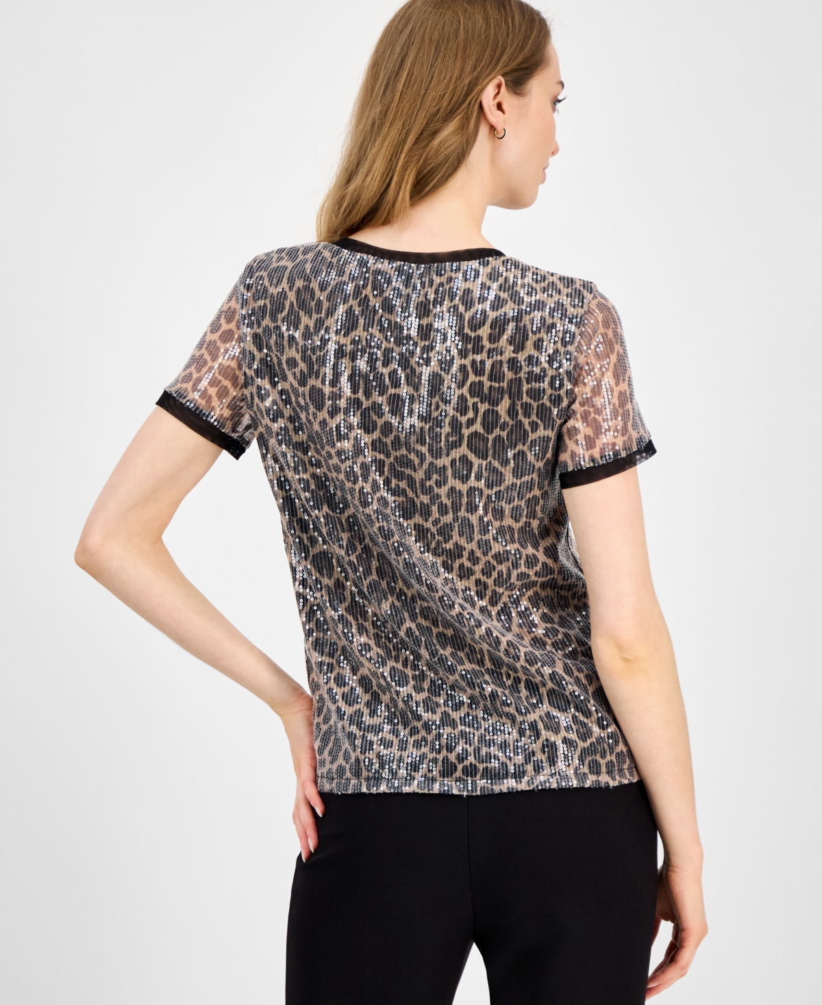 Anne Klein Petite Sequin Printed Short-sleeve Mesh Top In Multi