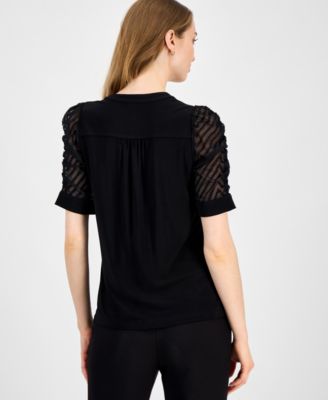 Petite Mixed-Media Elbow-Sleeve Hidden-Placket Top