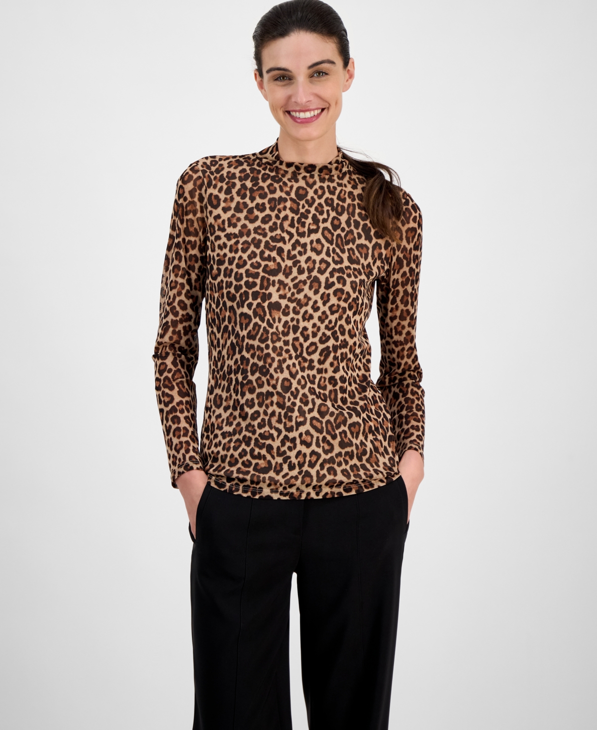 Women's Printed Mesh Mock Neck Long-Sleeve Top - Anne Black Multi