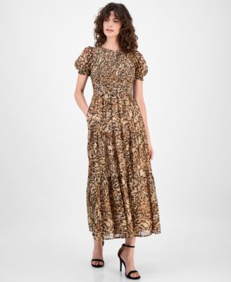 Anne Klein - Women's Printed Smocked Puff-Sleeve Chiffon Tiered Maxi Dress