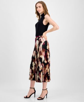 Women's Printed Pleated Pull-On Midi Skirt