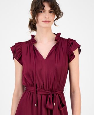 Women's Solid Tie-Waist Flutter-Sleeve Tiered Dress