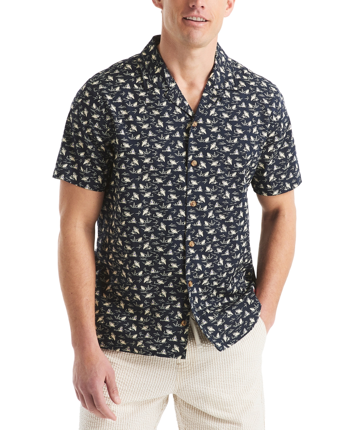 Jaws x Nautica Men's Classic-Fit Printed Button-Down Camp Shirt - Navy Seas