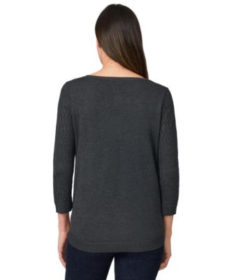 Petite Pointelle-Yoke 3/4-Sleeve Sweater