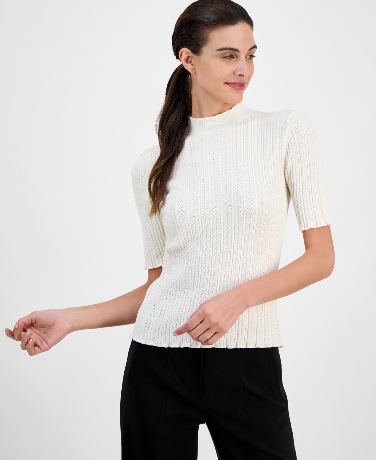 Anne Klein Mock Neck Short Sleeve Cotton Blend Sweater In White