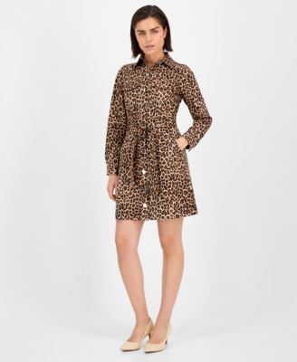 Anne Klein - Women's Printed Tie-Waist Long-Sleeve Shirtdress
