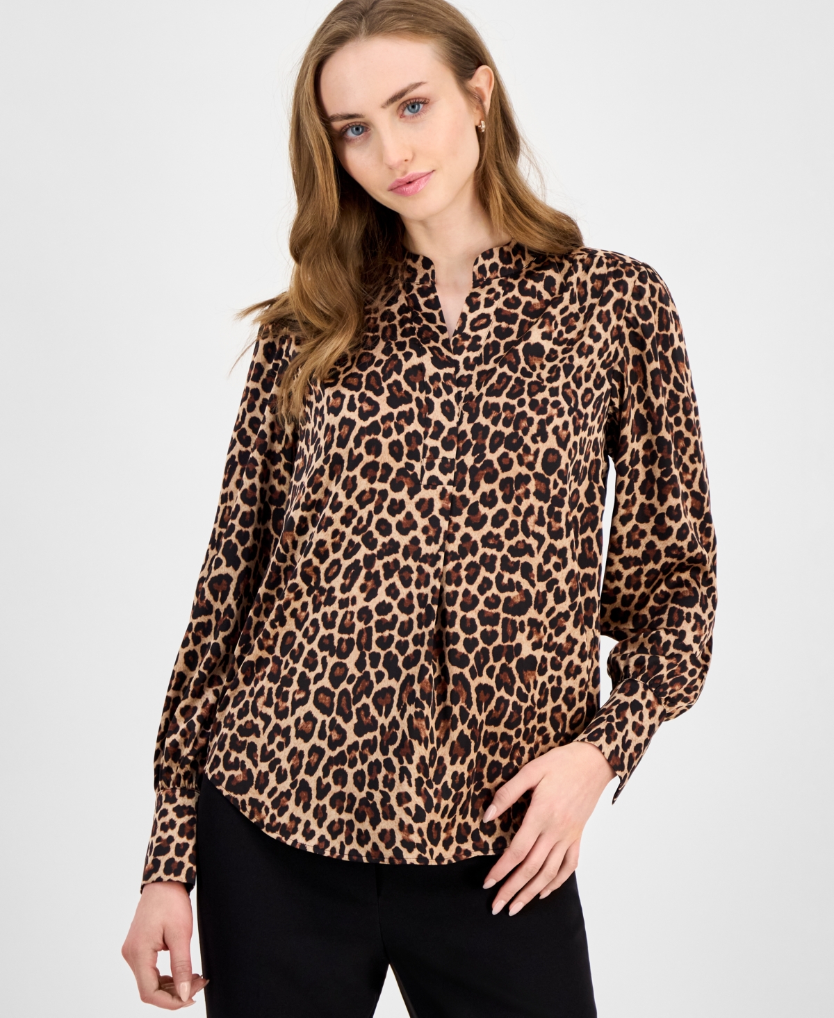 Women's Animal-Print Pleated V-Neck Blouse - Anne Black Multi