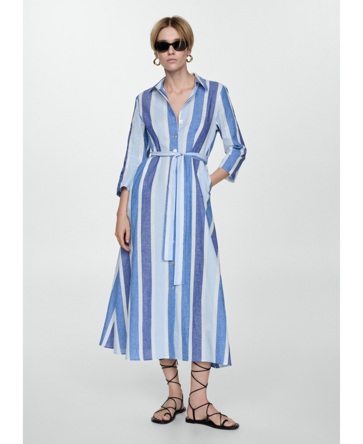 Women's Belted Striped Shirt Dress - Blue