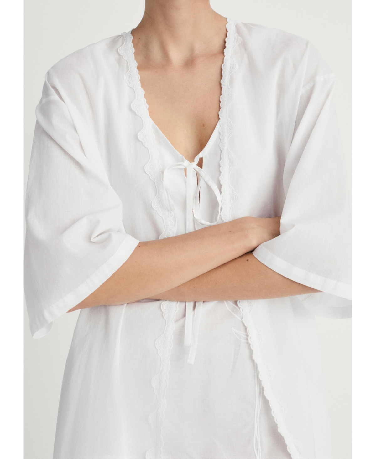Mango Women's Lace Detail Cotton Robe In White