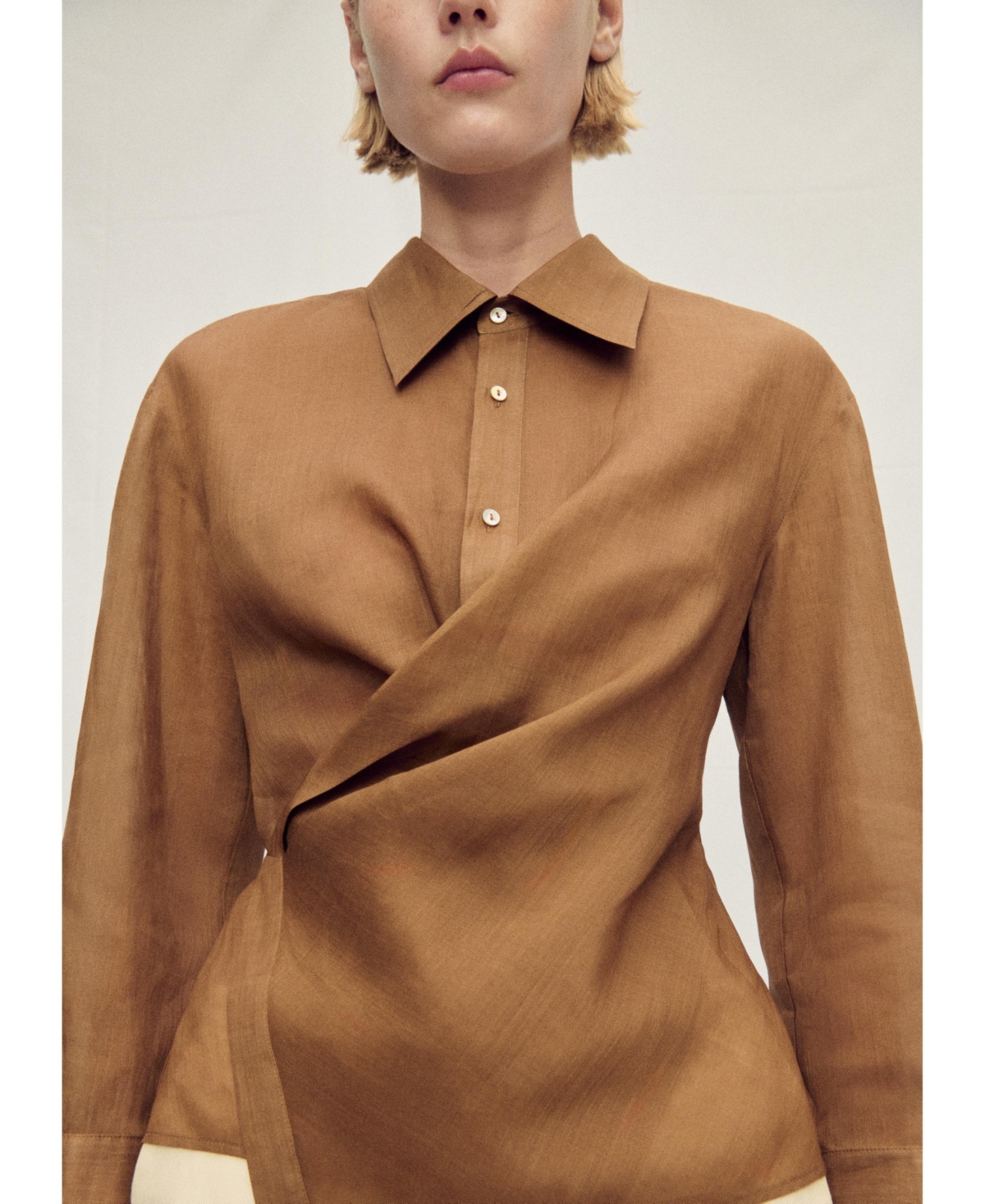 Women's Asymmetric Hem Ramie Shirt - Brown