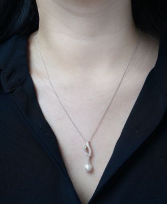 Cultured Freshwater Pearl (8mm) & Diamond Accent Swirl 18" Pendant Necklace in Sterling Silver