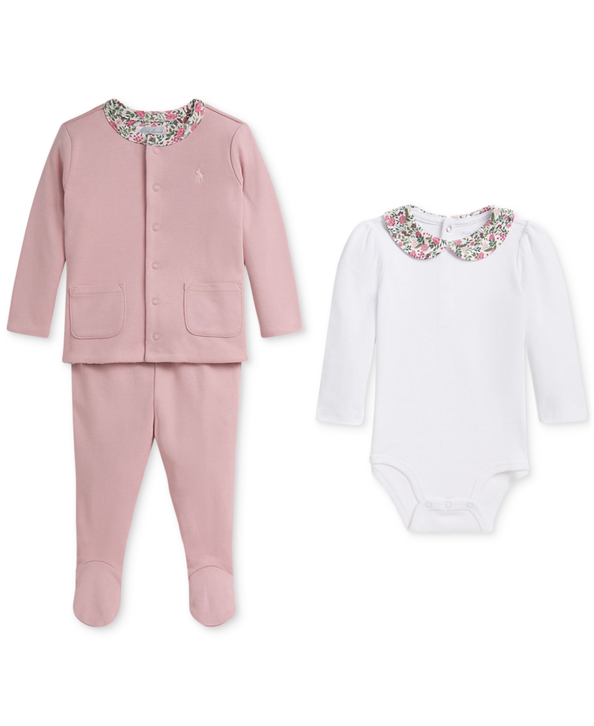Polo Ralph Lauren Baby Girls Bodysuit, Pant & Reversible Jacket Set In Pink