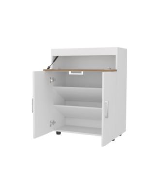 North Fork Shoe Rack, Pneumatic Lift-Up Compartment, Dual Doors, White and Natural Oak
