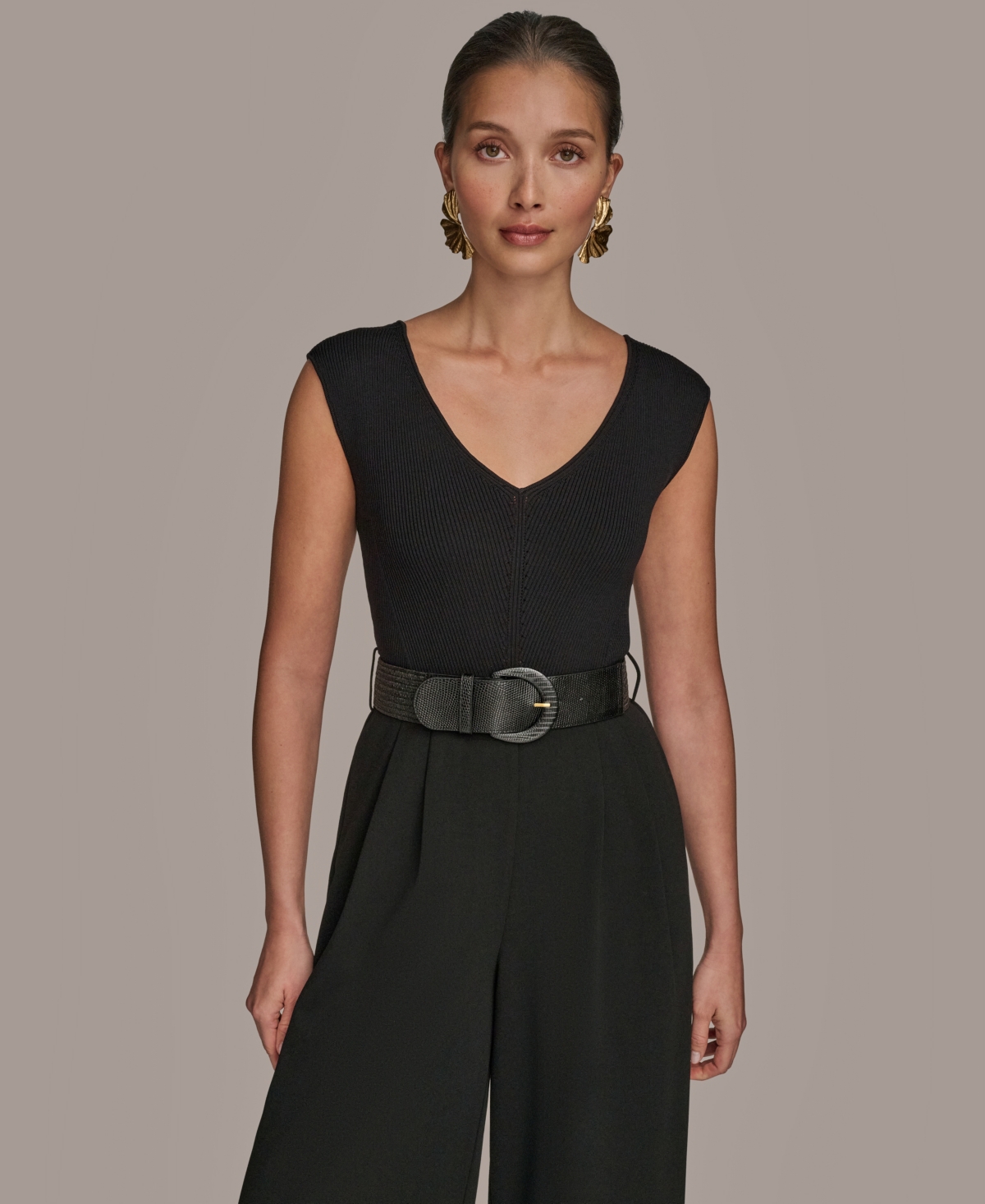 Donna Karan New York Sleeveless Belted Mixed Media Jumpsuit In Black