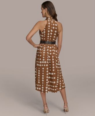 Women's Polka-dot Belted A-line Midi Dress