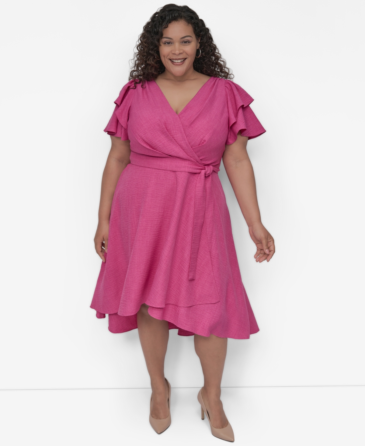 Shop Dkny Plus Size Surplice Flutter-sleeve Fit & Flare Dress