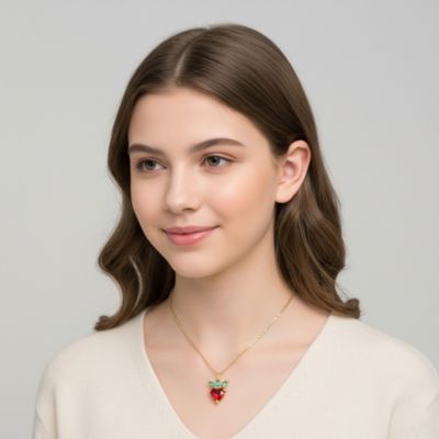 14K Gold Plated with Red & Green Cubic Zirconia Heart & Leaf Pendant Necklace