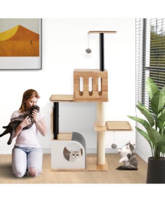 Modern Tall Cat Tower with Double Condos with Dangling Balls and Sisal Carpets