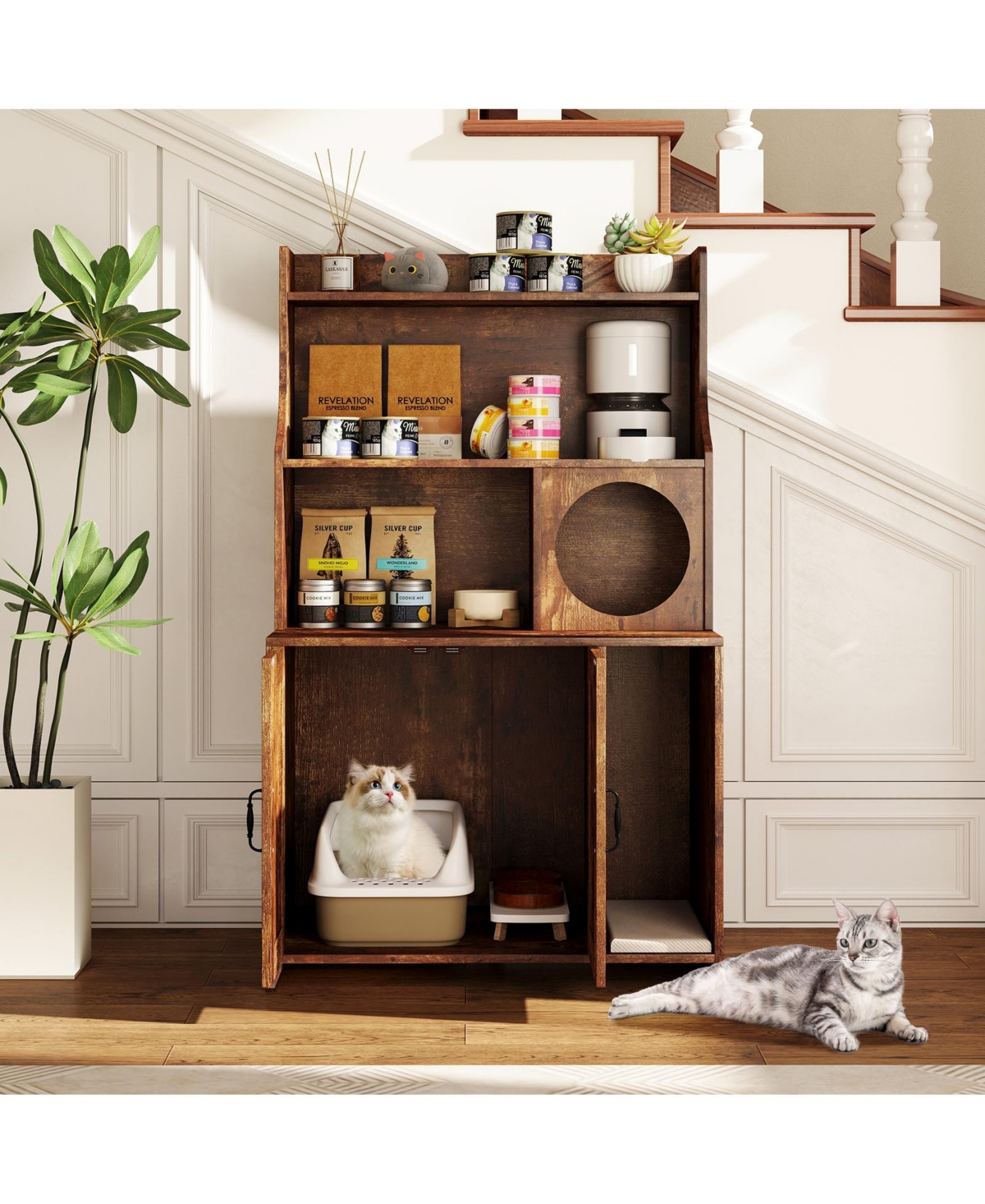 Modern Wooden Industrial Cat Litter Box Enclosure with Storage Shelves