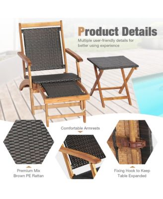 Patio Lounge Chair Set of 3 w/ Side Table Quick Folding Design Ottoman Outdoor